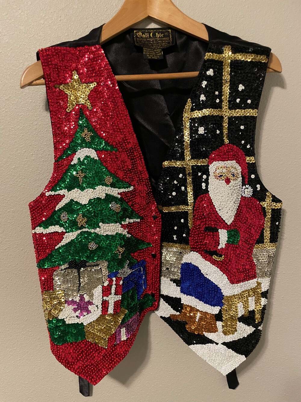 Bali Chic Sequin Christmas Vest Top Womens One Size Multicolor Santa Tree 90s
